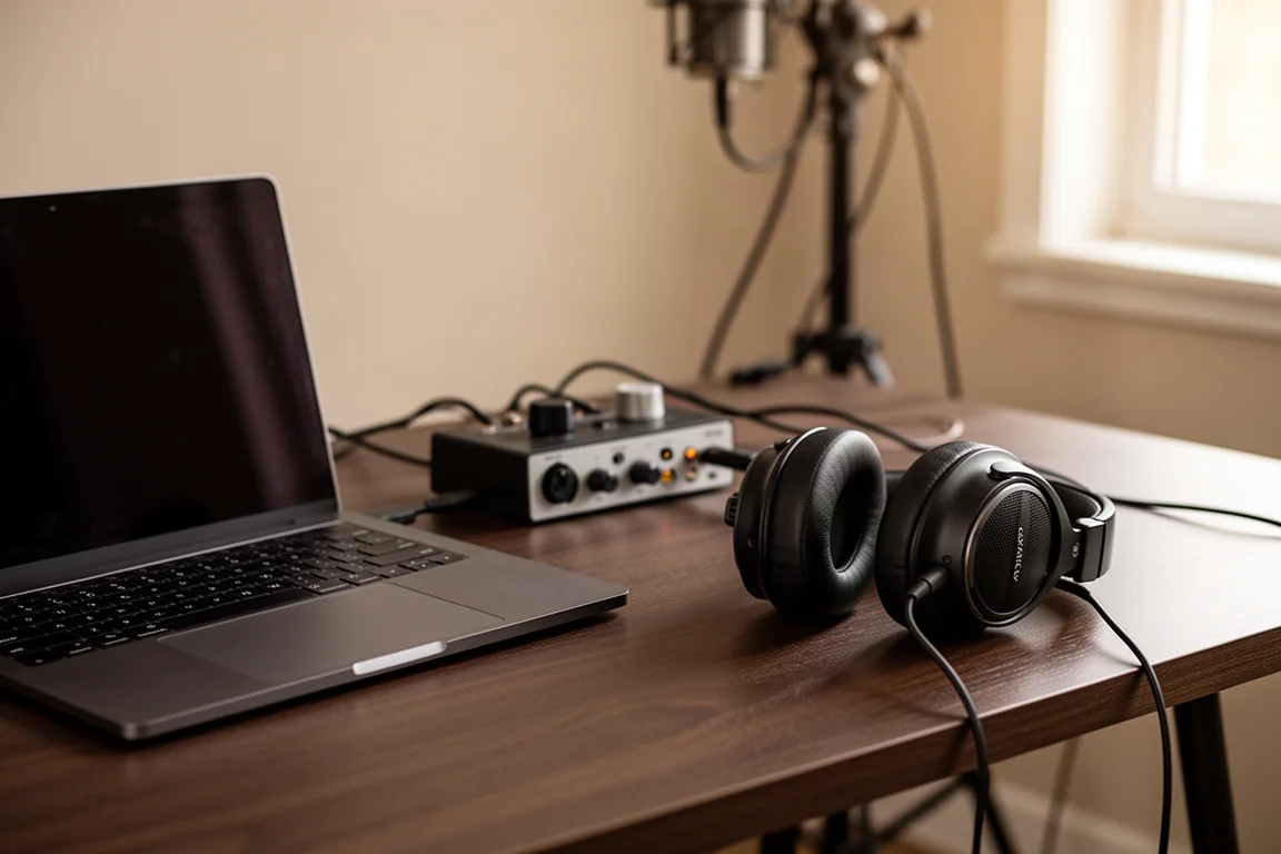 Home studio desk with an open laptop, headphones, and a small audio interface in daylight