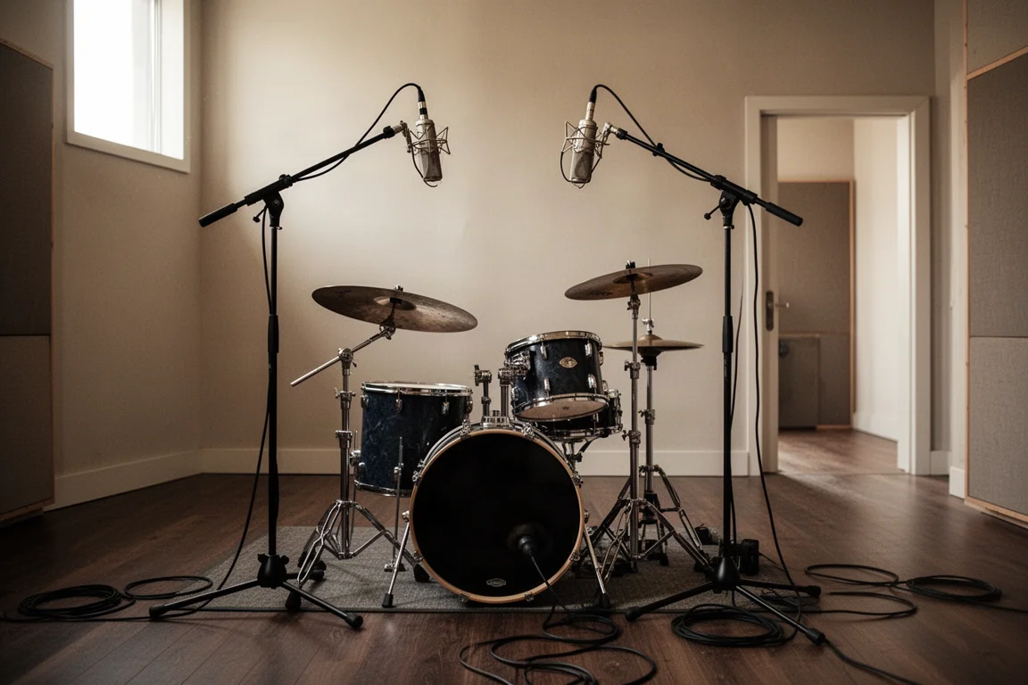 Drum kit in a recording room with overhead condenser microphones on tall stands