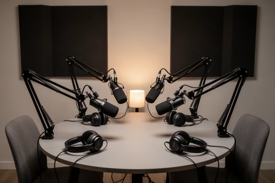 Round table set for a four-person podcast with microphones and headphones at each place