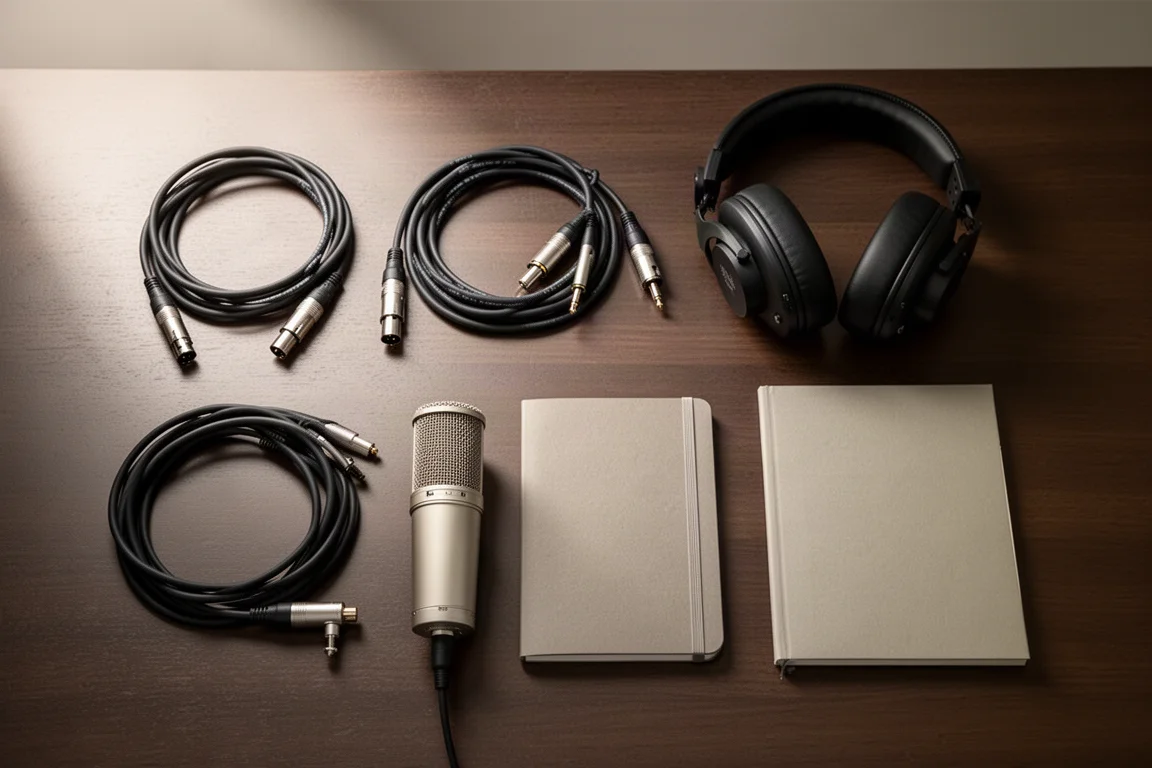 Flat-lay of XLR cables, studio headphones, a condenser microphone, and a notebook