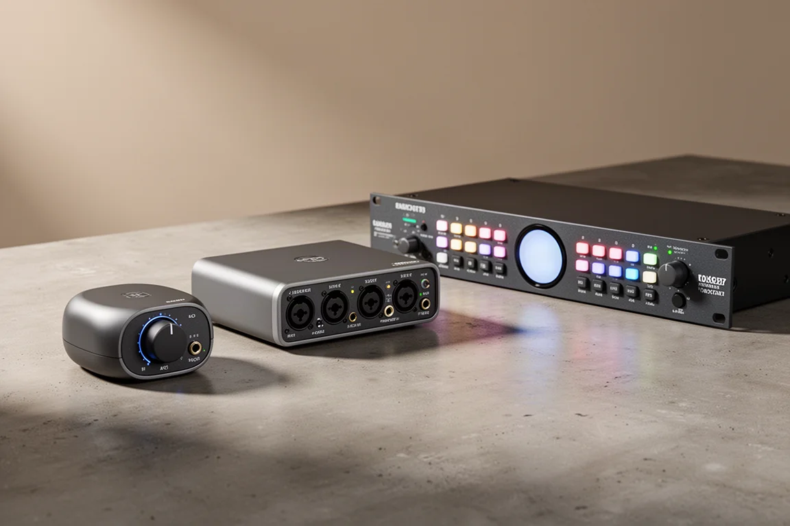Three desktop audio interfaces of different sizes arranged on a concrete surface