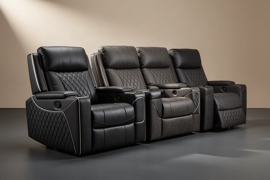 Row of three dark upholstered home theater recliners with diamond stitching on a grey backdrop
