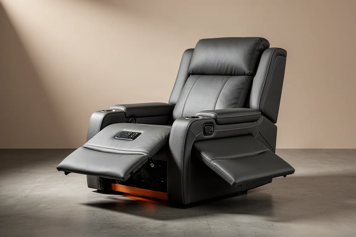Dark grey home theater recliner with extended footrest and armrest control panel