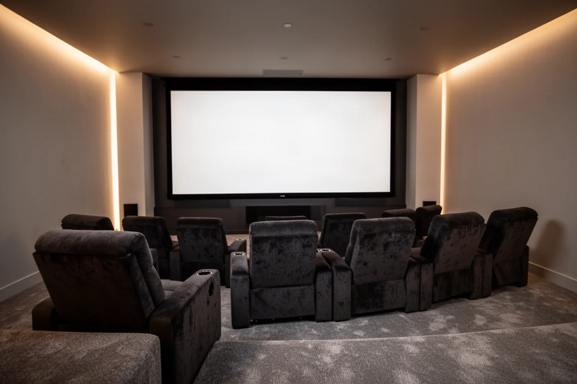 Sala de home cinema com pouca luz e uma fileira de poltronas reclináveis escuras diante de uma tela em branco