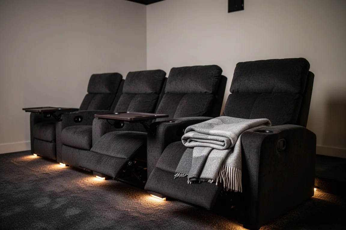Sala de home theater silenciosa com poltronas reclináveis escuras e mesinhas de apoio recolhidas