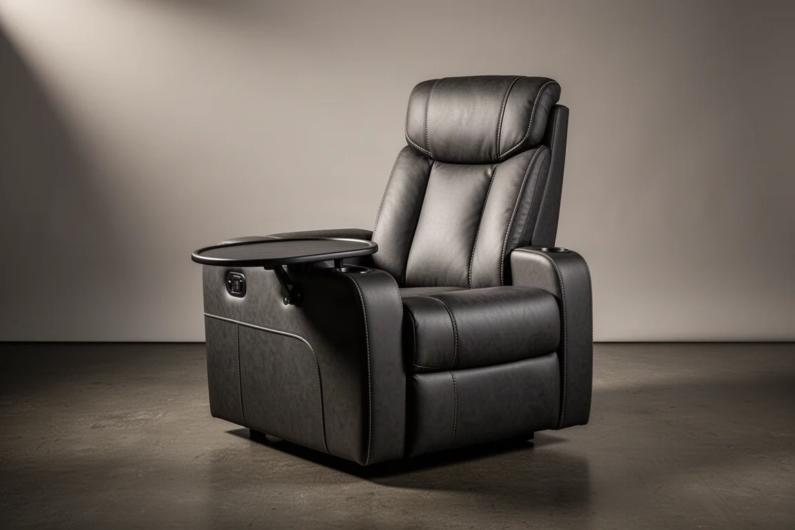Dark vegan leather home theater recliner with armrest tray table on a neutral backdrop