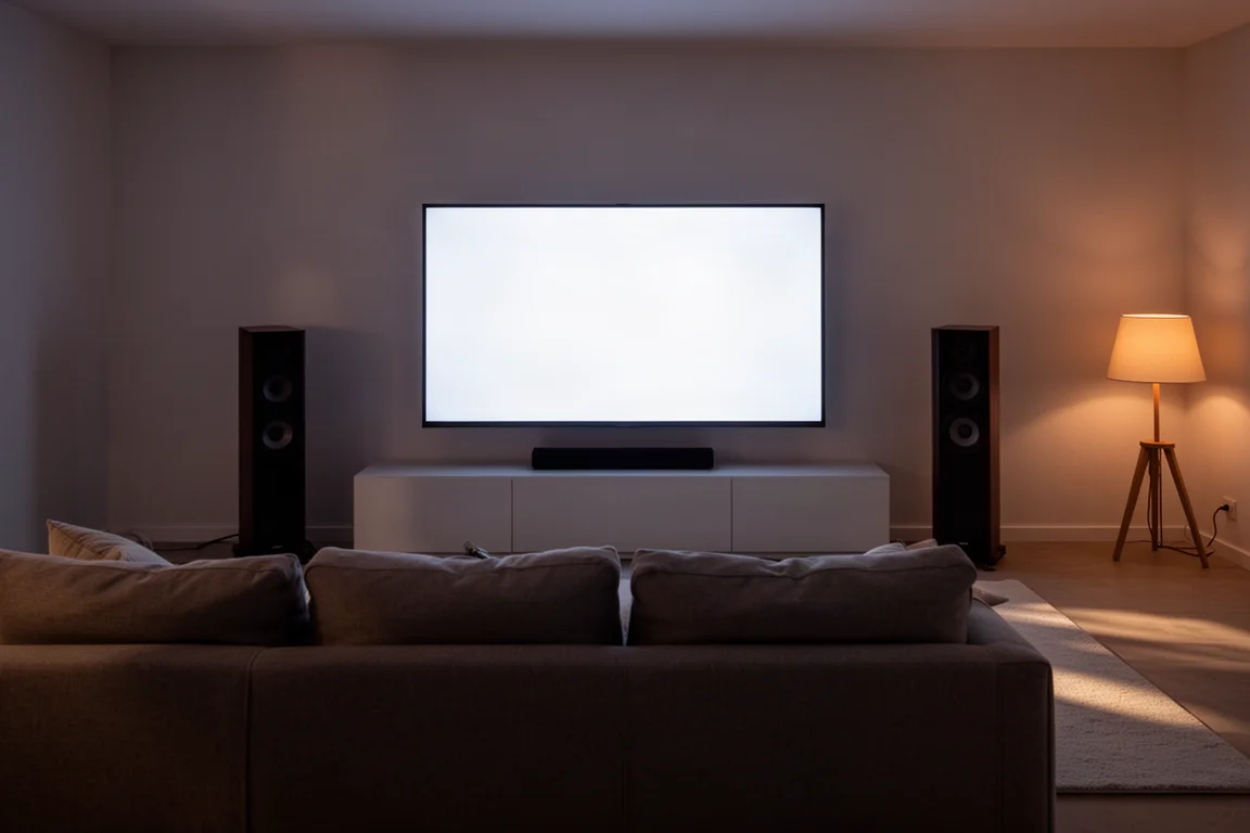 Living room at dusk with a glowing television between two floorstanding speakers