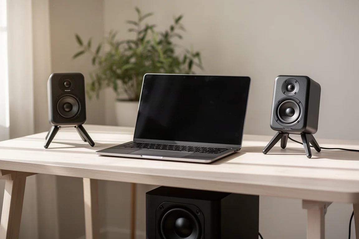 Desktop workspace with small speakers on angled stands and a subwoofer under the desk