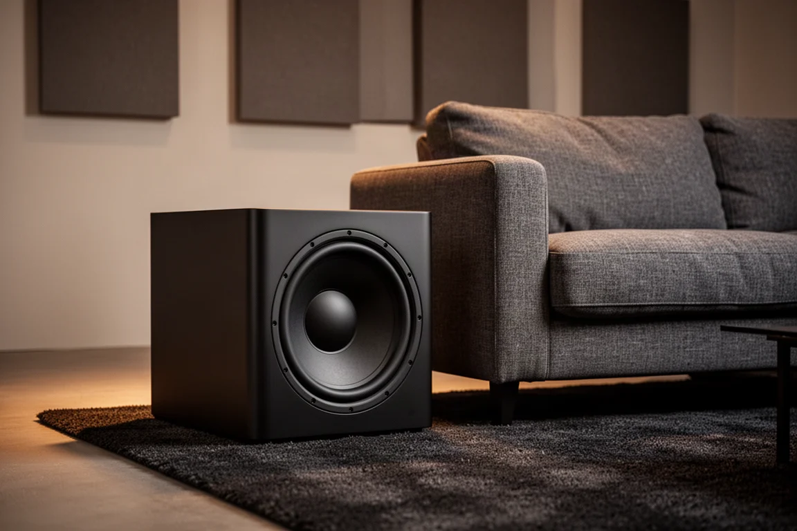 Large subwoofer resting on a dark rug beside a sofa in a dim home theater corner