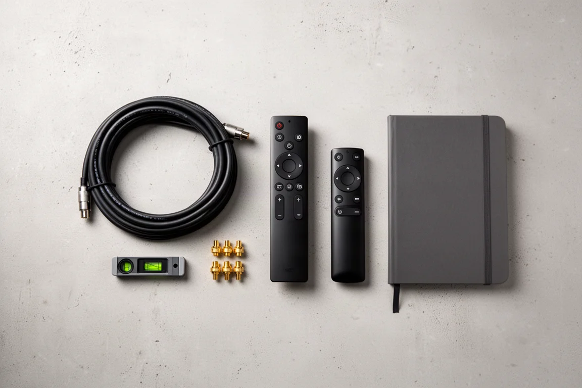 Overhead flat lay of speaker cable, remote, binding posts and notebook on concrete