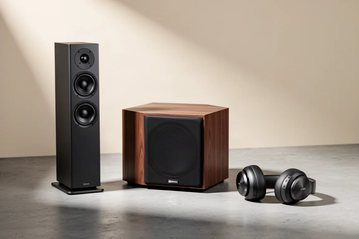 Tower speaker, compact subwoofer and over-ear headphones arranged on a concrete surface
