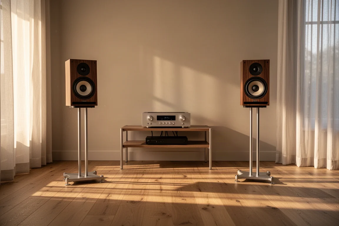 Compact standmount speakers on metal stands in a warm listening room at golden hour