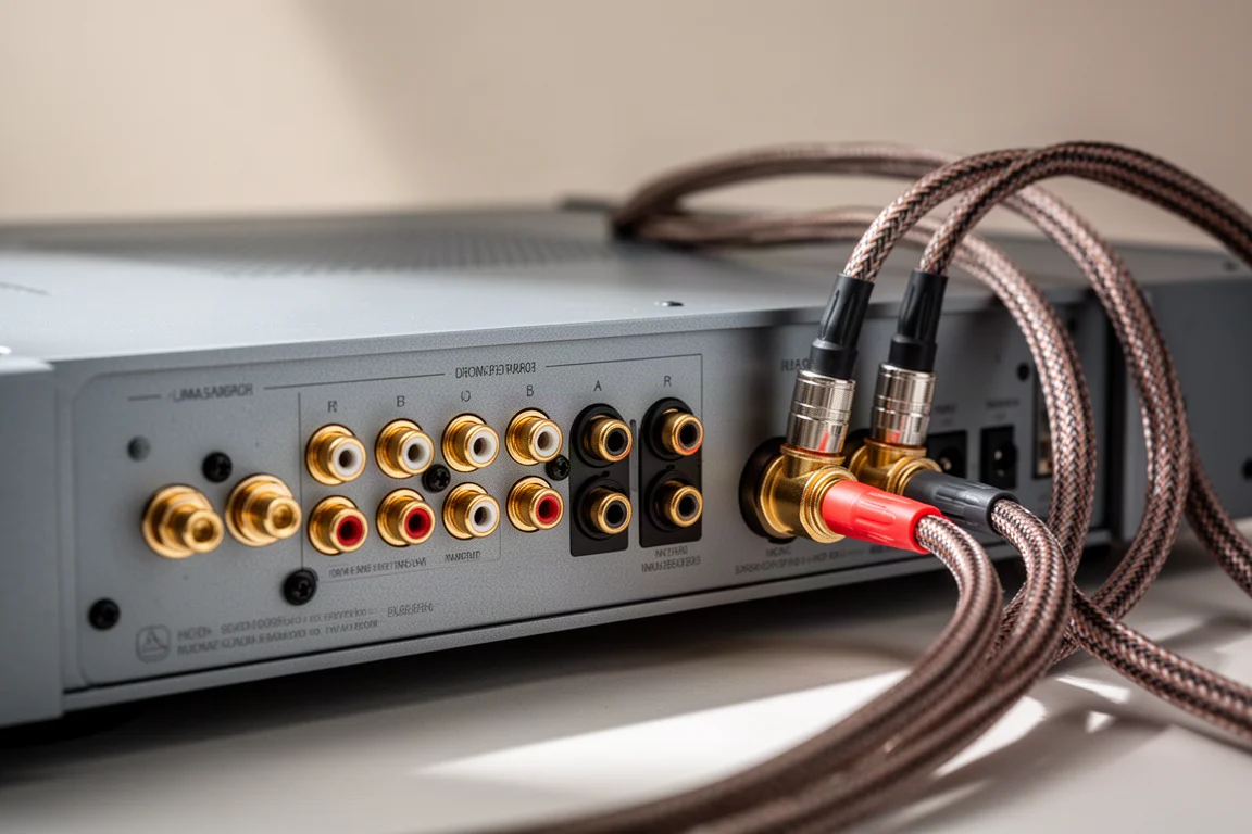 Rear panel of a hi-fi amplifier showing RCA inputs and speaker binding posts with cables