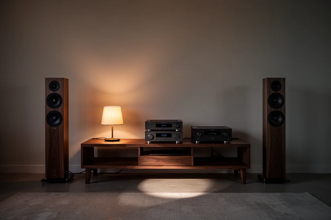 Dim living room at dusk with floorstanding speakers and a stack of hi-fi components