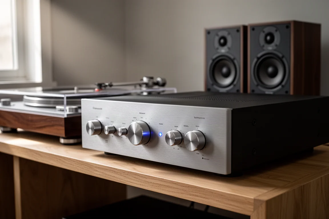 Brushed aluminium integrated amplifier with metal knobs on a light oak hi-fi shelf