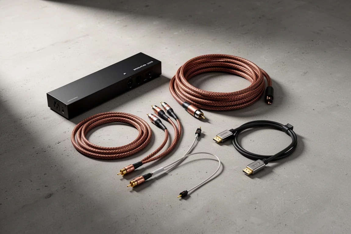 Audio accessories including a power conditioner, speaker cable, and interconnects on concrete