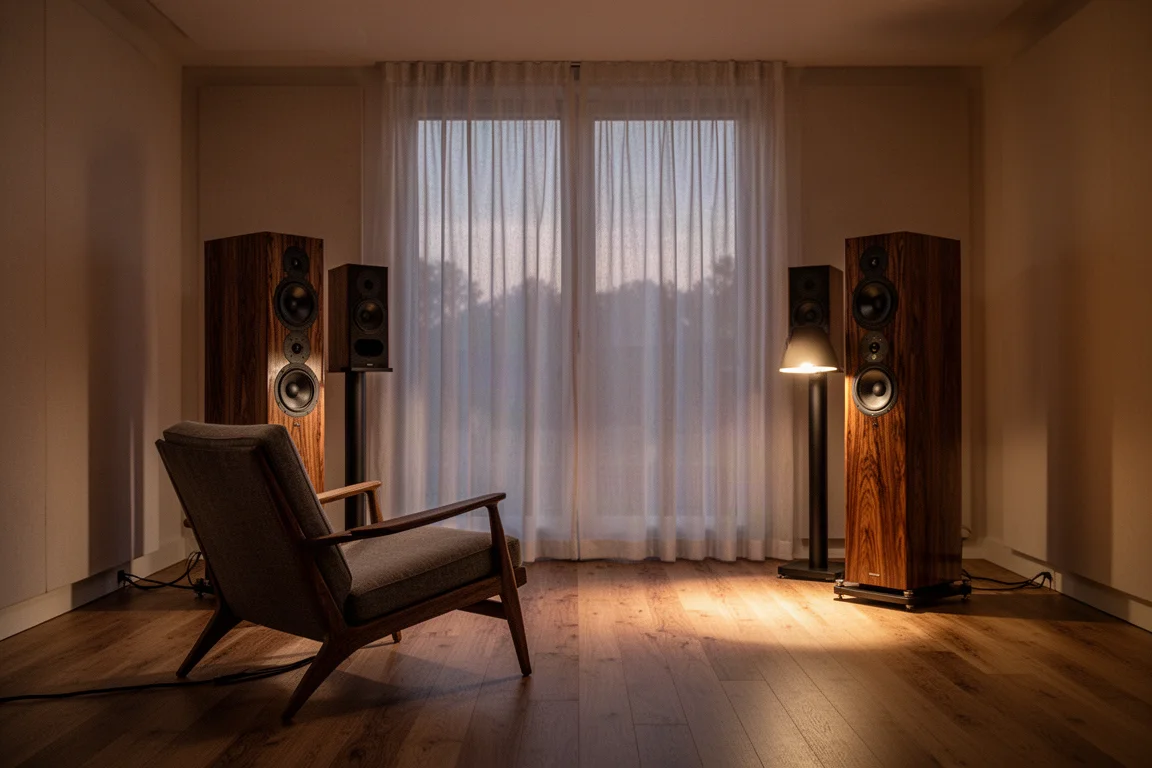 Two compact bookshelf speakers on stands beside a low wooden cabinet in a sunlit living room