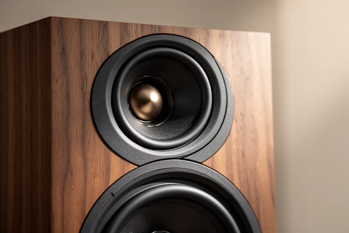Wide listening room seen from behind a low sofa with two speakers angled inward
