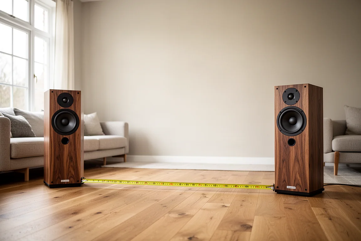Bookshelf speakers and a small subwoofer in a warmly lit living room corner