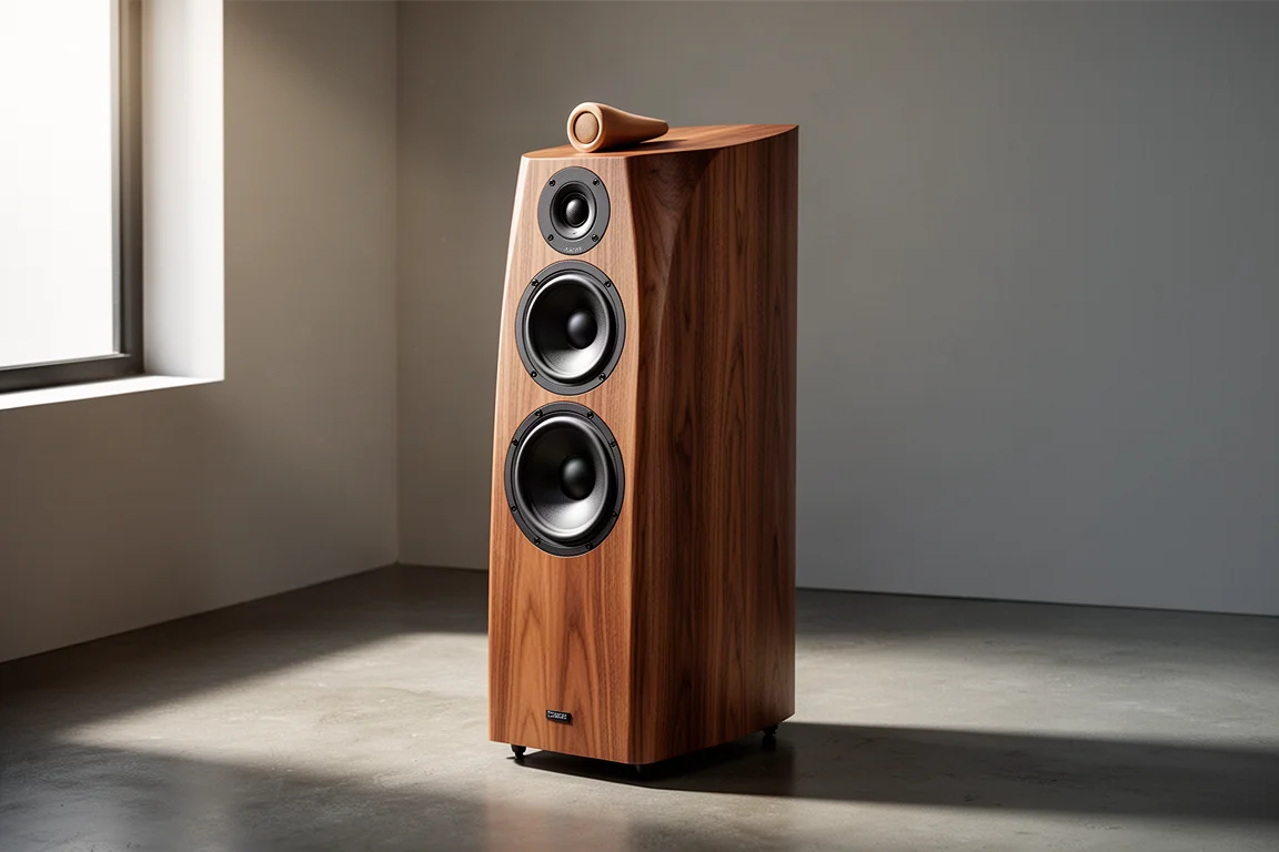 Compact two-way bookshelf speaker with a slit-pattern baffle on a concrete surface