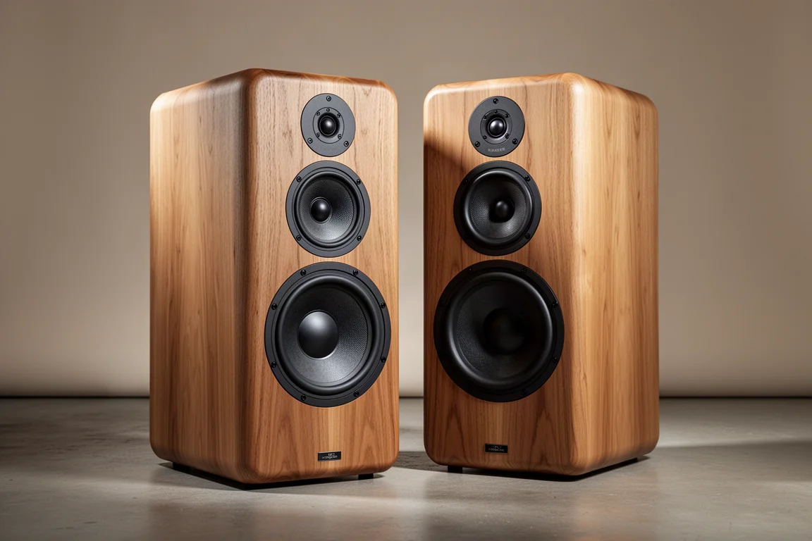Pair of oak veneer three-way stand-mounted monitor speakers on a concrete floor