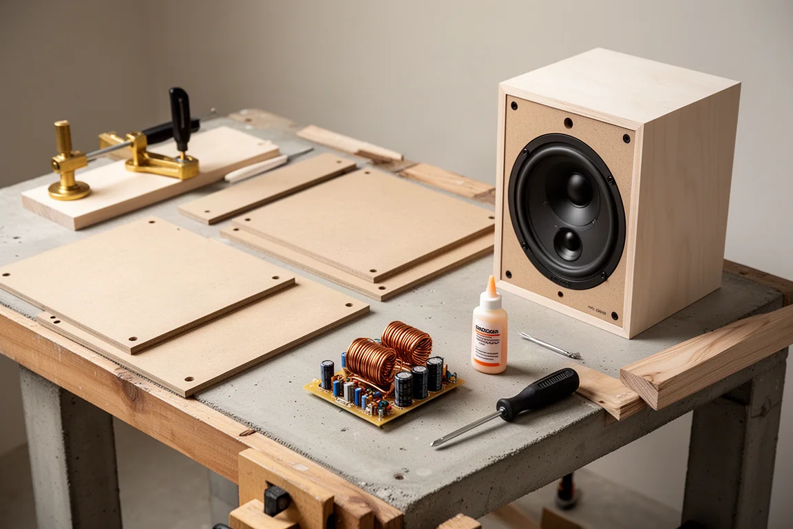 Pièces d'un kit d'enceinte, carte de filtre et outils disposés sur un établi