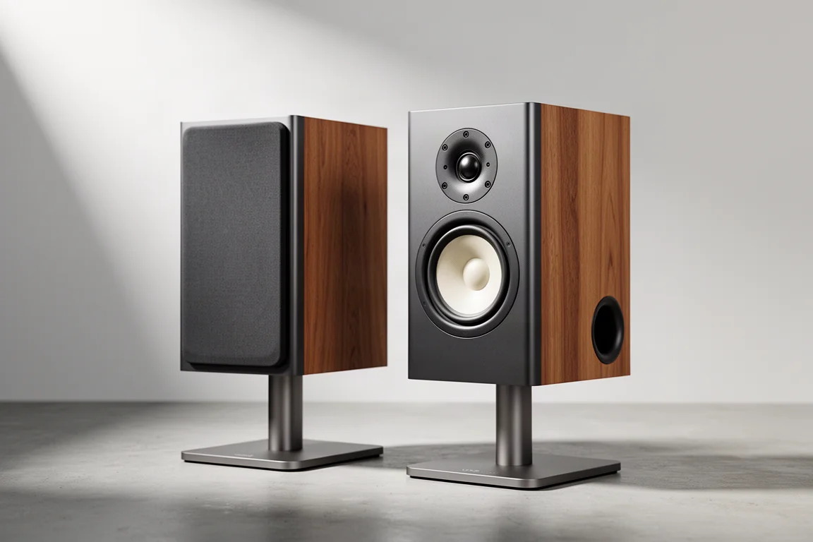 Pair of compact two-way bookshelf speakers on stands, one with grille removed
