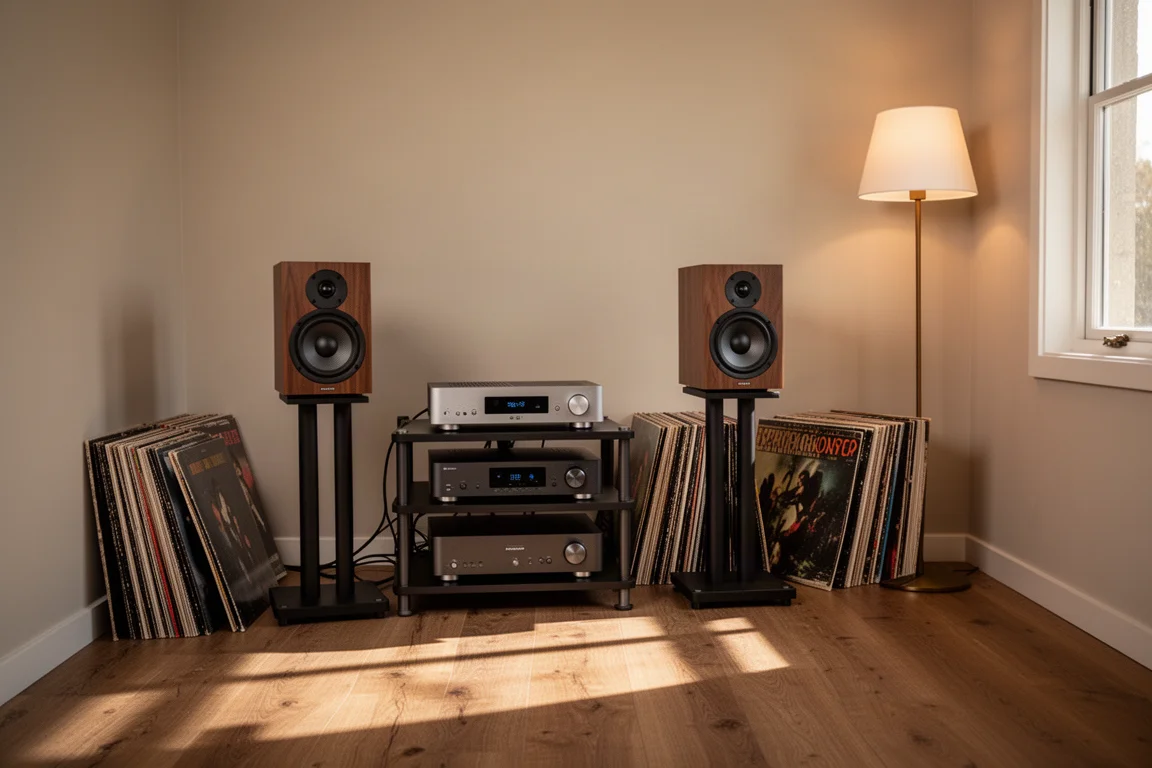 Piccolo ambiente d'ascolto con diffusori da scaffale su stand e un rack per l'elettronica basso