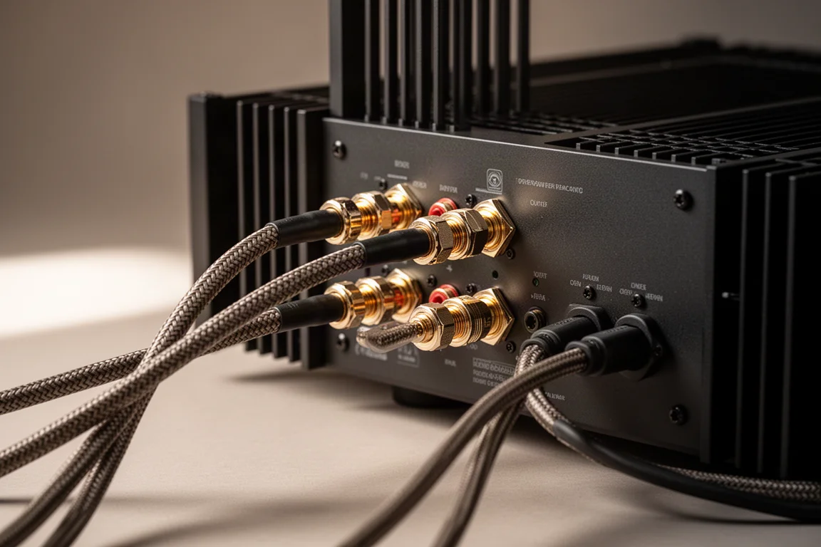 Primo piano dei terminali per diffusori di un amplificatore con cavo intrecciato spesso collegato