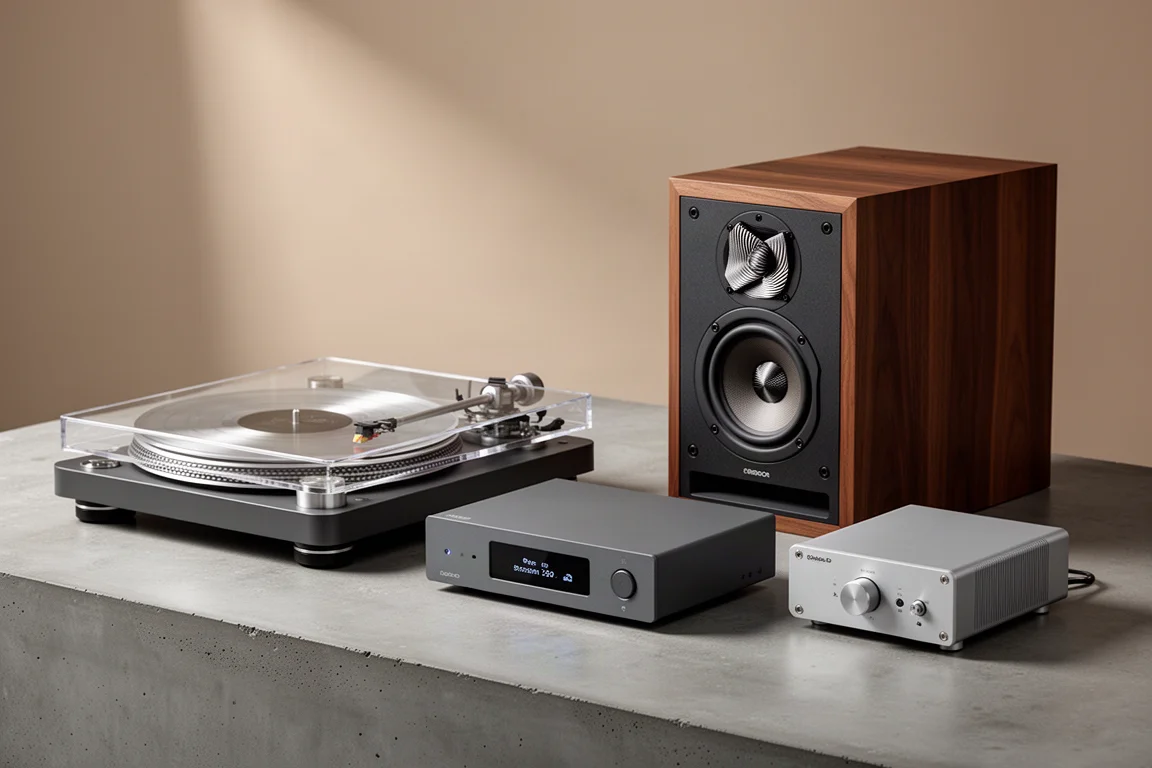 Turntable, streamer, bookshelf speaker, and compact amplifier grouped on a concrete surface