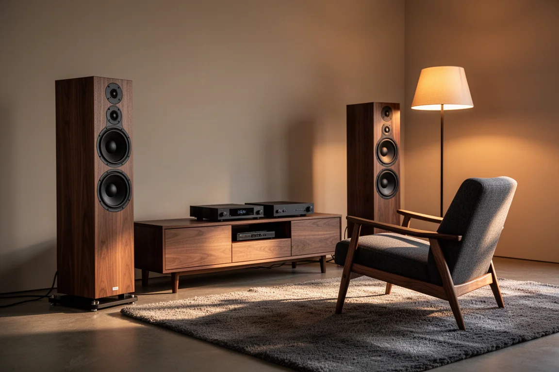 Listening room with floorstanding speakers, armchair, and warm evening light