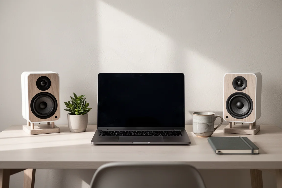 Home office desk with compact speakers, laptop, and soft morning daylight