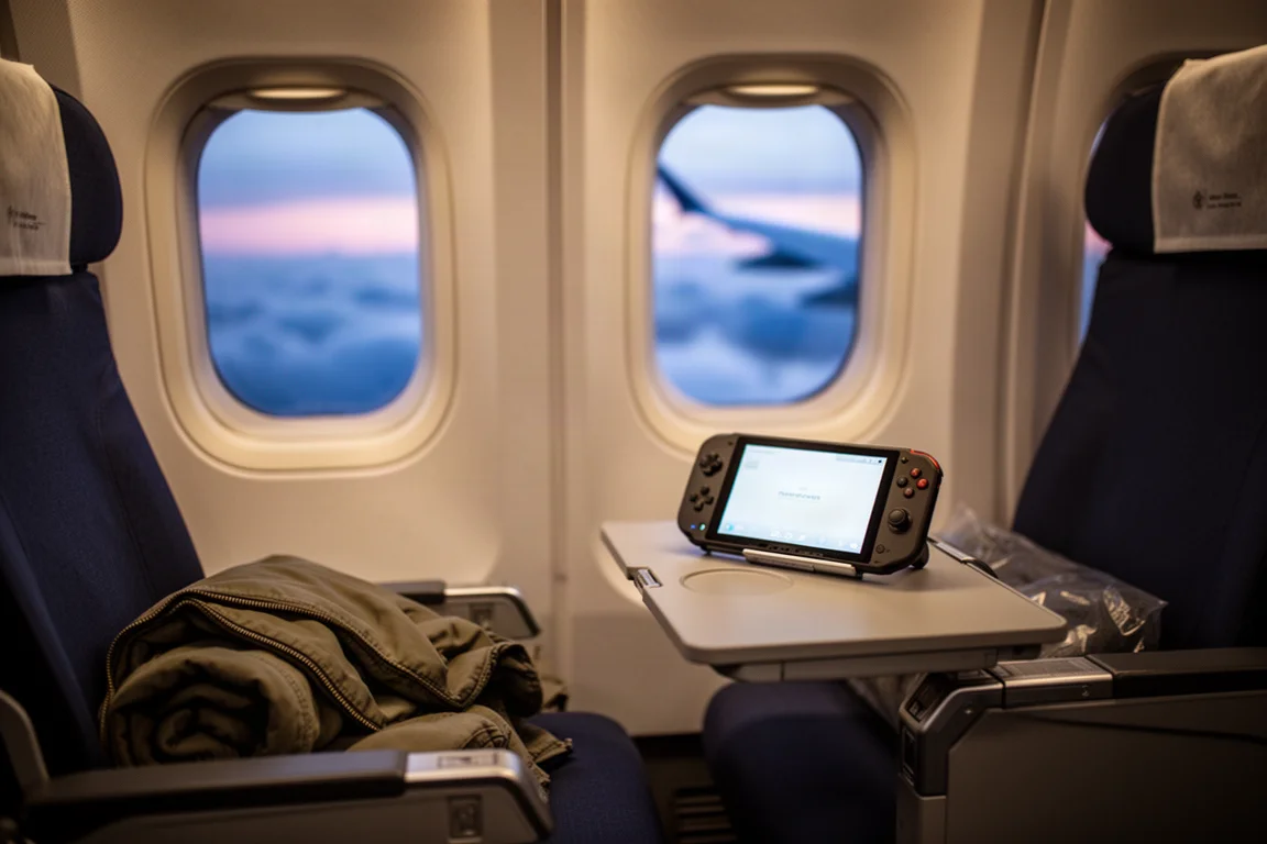 Handheld gaming device propped on an airplane tray table at dusk