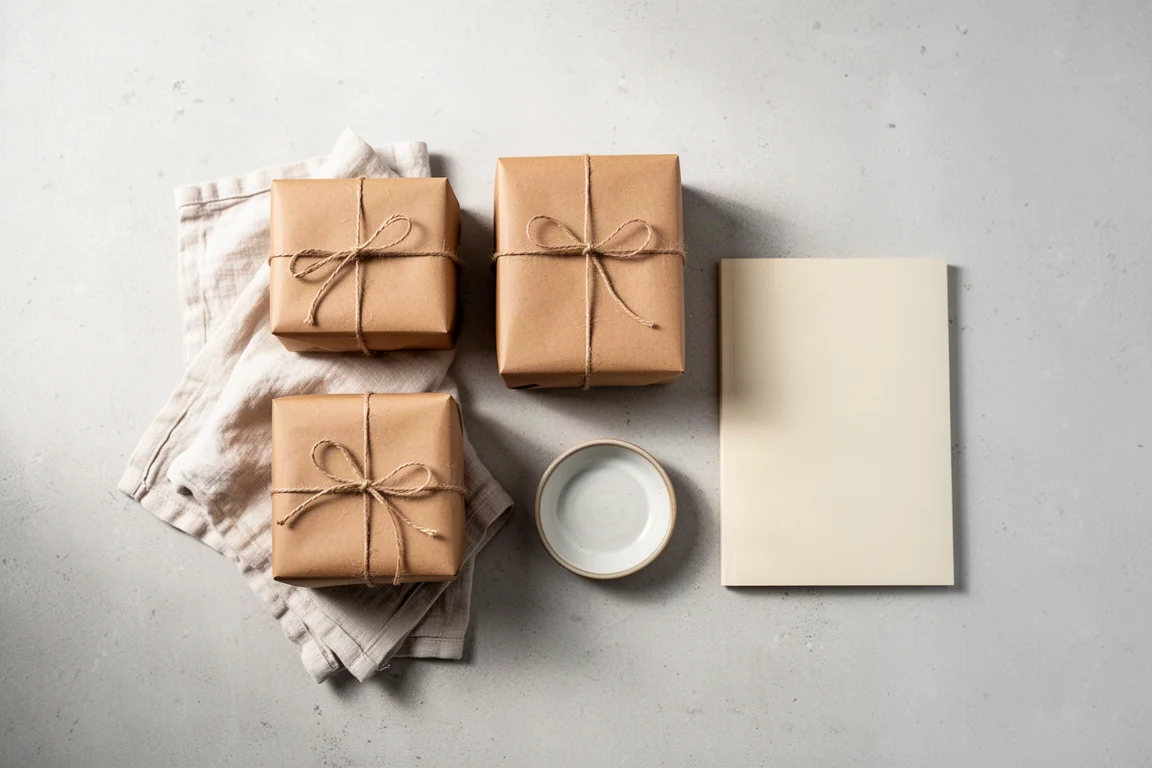 Flat-lay of wrapped gifts, twine, and linen on a pale concrete surface