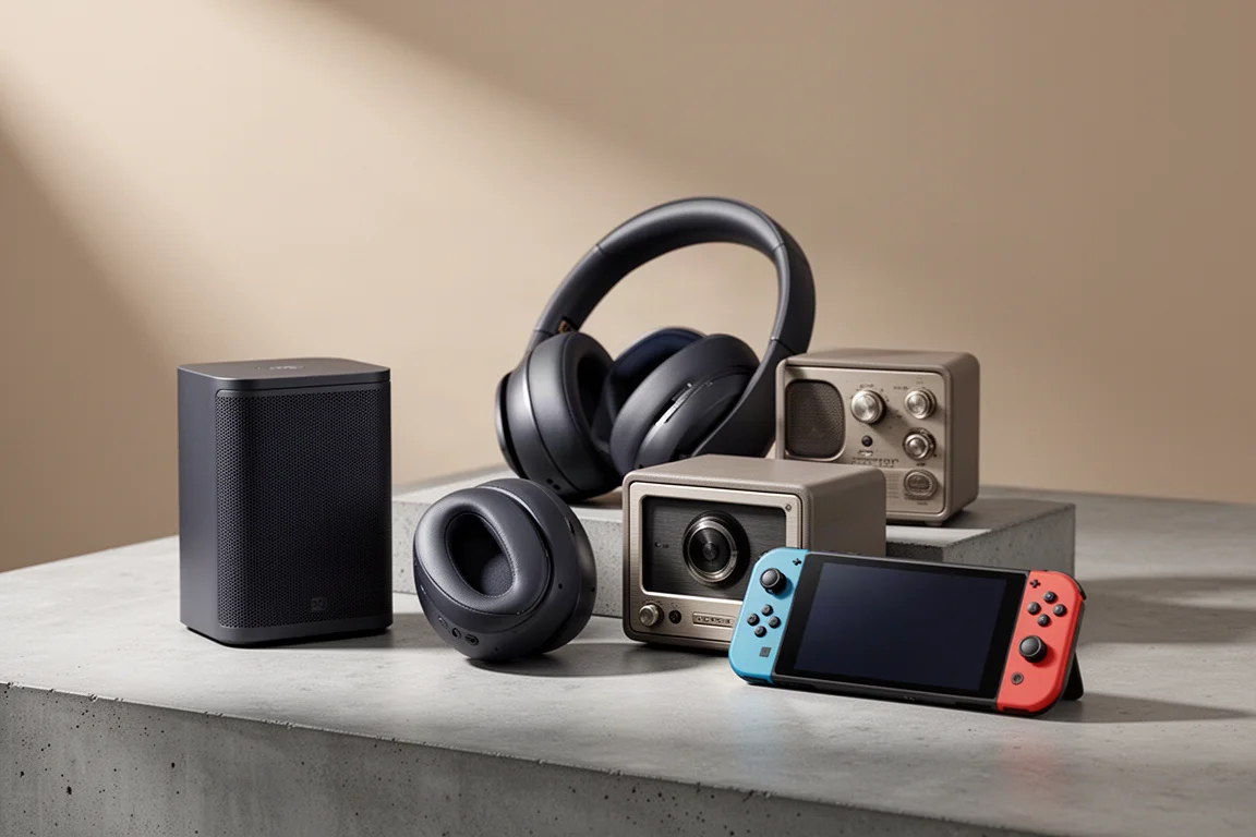 Home entertainment gift picks arranged on a concrete surface in soft studio light