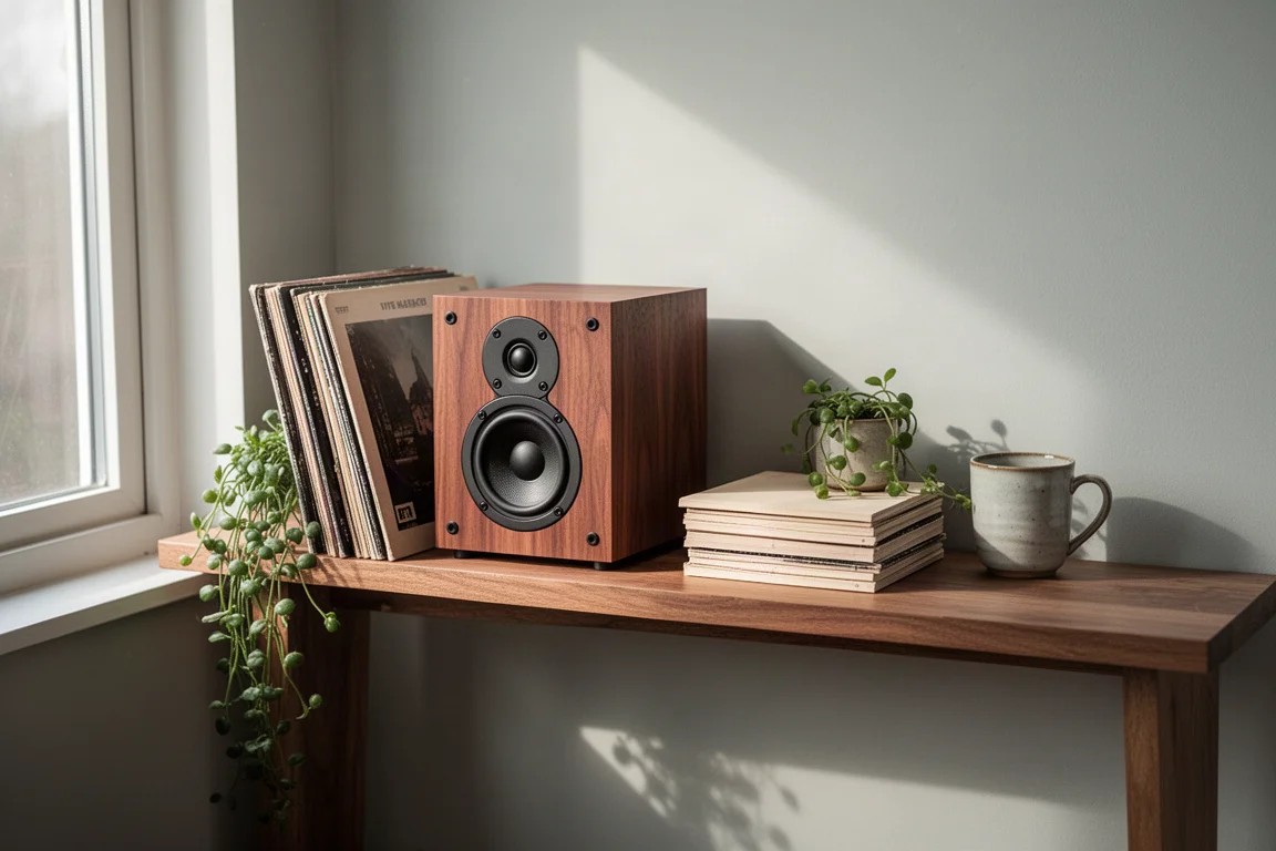 Kleiner Regallautsprecher neben Schallplatten und einer Pflanze auf einem sonnigen Holzregal