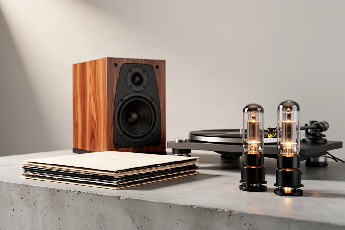 Hi-fi listening setup with bookshelf speaker, vinyl records, tonearm and vacuum tubes