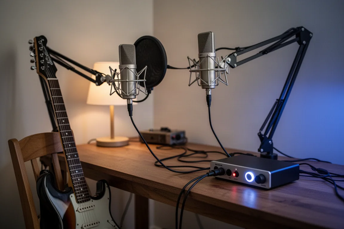 Hemmastudio vid nattetid med en mikrofon, en gitarr och ett kompakt interface