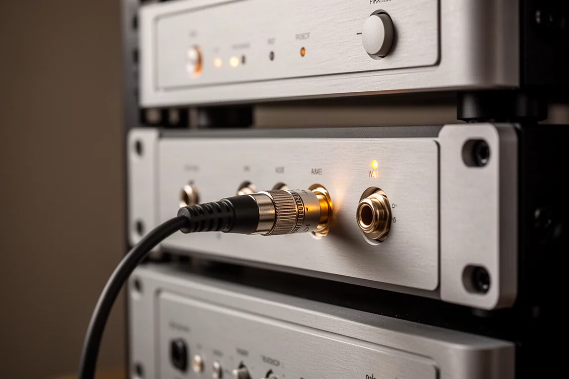 Optisk kabel ansluten till baksidan av en rackmonterad studionhet