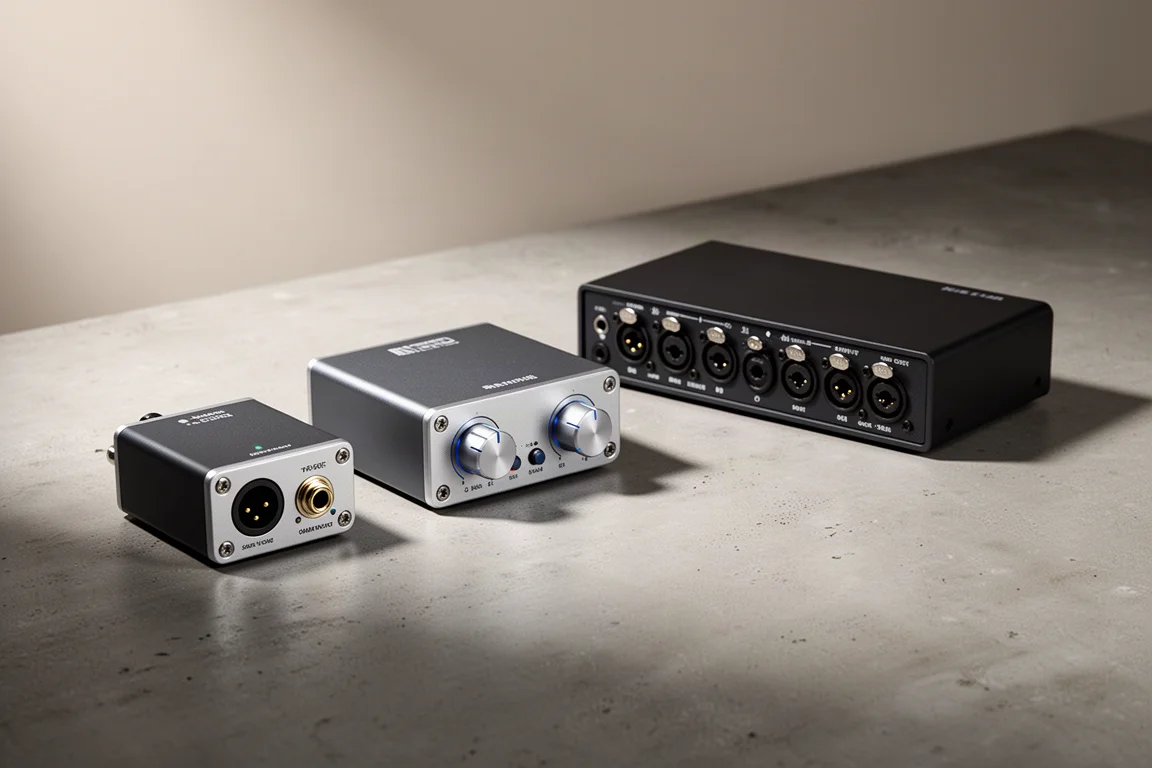 Three desktop audio interfaces of different sizes arranged on a matte concrete surface