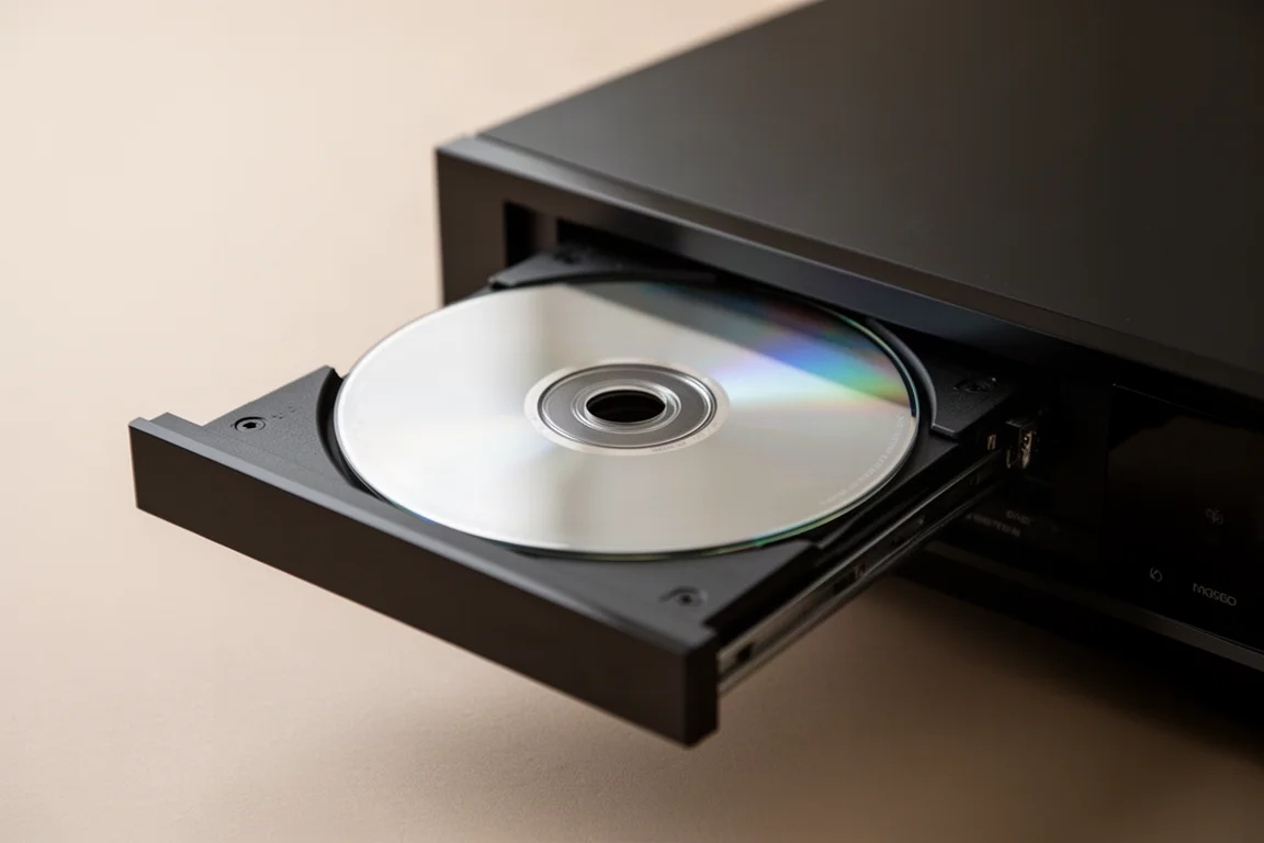트레이 위에 은색 디스크가 놓인 채 열려 있는 CD 트레이