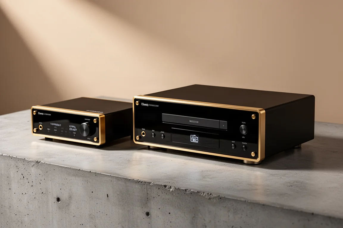 Compact Audio Note 0.1x DAC and CD0 CD player side by side on a concrete surface