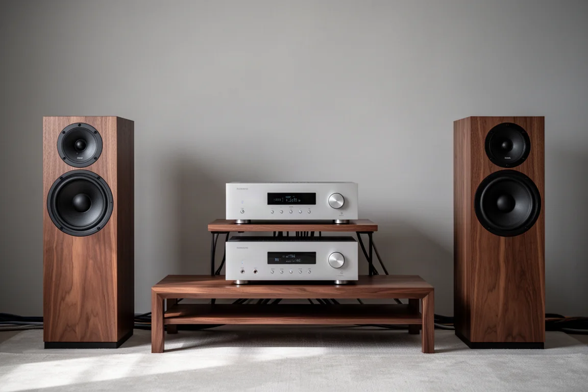 Rack de alta fidelidad minimalista con dos componentes de audio apilados y altavoces de suelo en una sala con luz suave