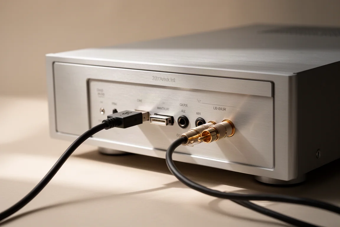 Vista cercana de las conexiones del panel trasero con cables USB y coaxiales saliendo de un componente de alta fidelidad