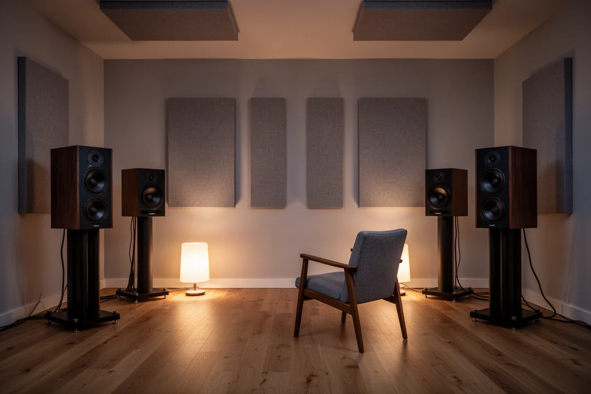Sala de escucha tratada al atardecer con altavoces de monitor grandes y una silla de escucha vacía