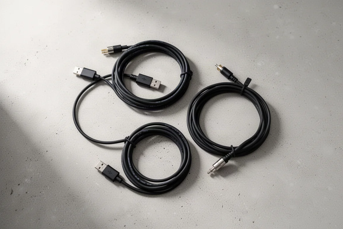 Vista cenital de cables USB y coaxiales enrollados sobre una superficie de hormigón con espacio negativo