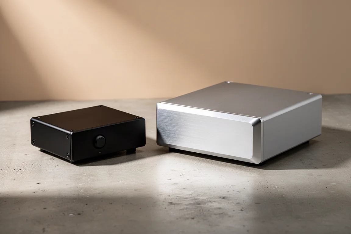 Two digital-to-analog converters side by side on a matte concrete surface