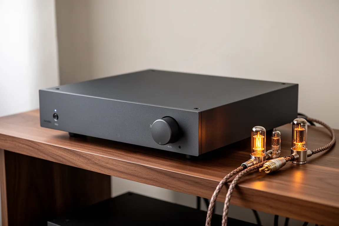 Minimalist dark metal DAC chassis on a walnut shelf beside glowing vacuum tubes