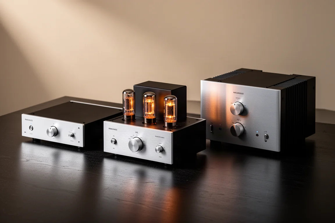 Three high-end valve audio components on a dark wood surface in soft studio light