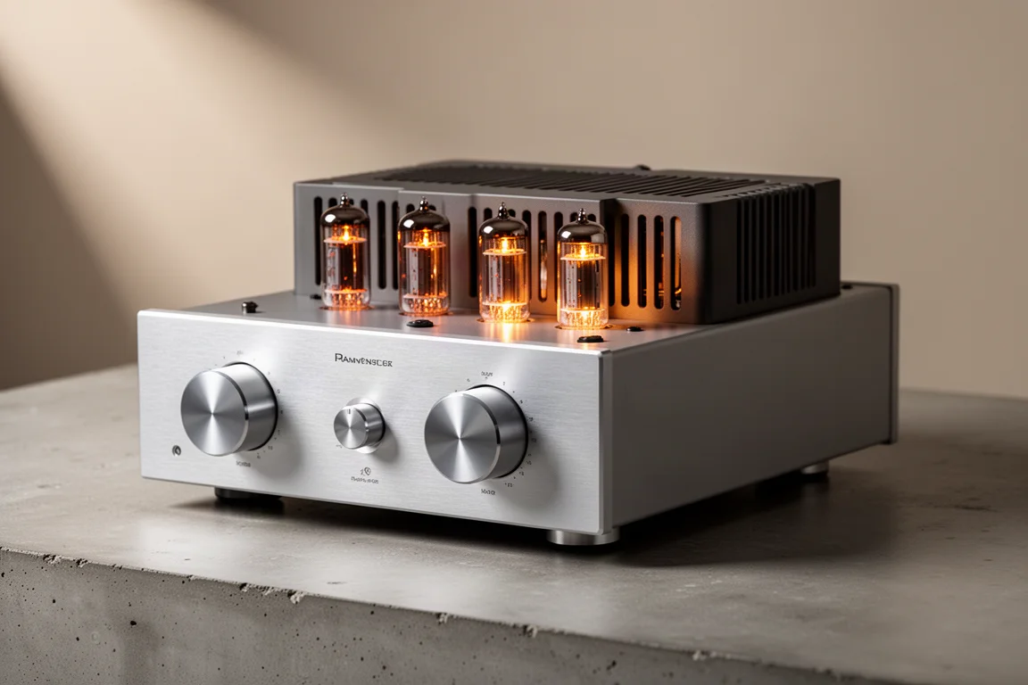 Silver tube integrated amplifier with machined knobs and glowing vacuum tubes on concrete